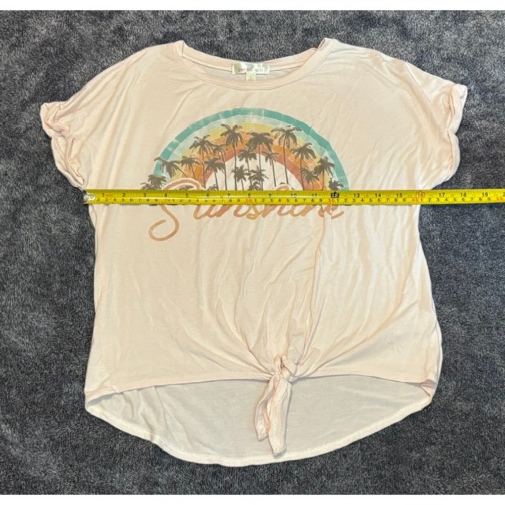 Sunset West Sunshine Graphic Tee Women Pink Palm Tree Rainbow Front Tie Tee L - Picture 3 of 4